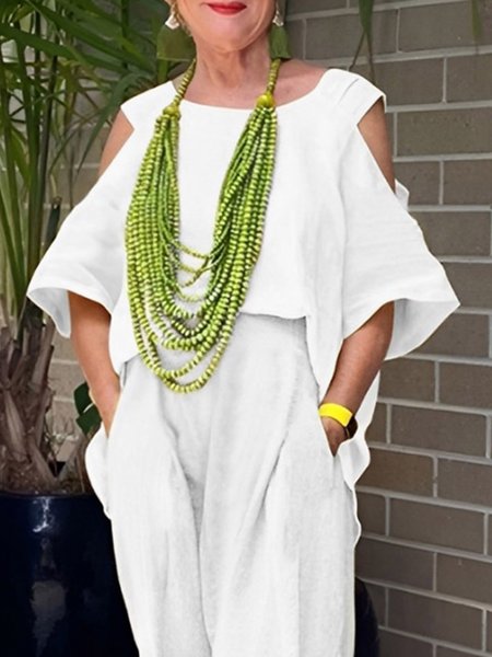 

Linen Blend Casual Plain Crew Neck Off Shoulder Sleeve Blouse, White, Blouses and Shirts