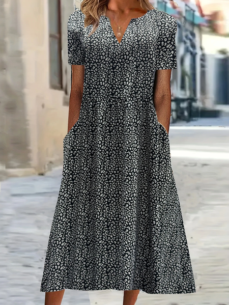 

Women Leopard Short Sleeve Summer Printing Dress V Neck Daily Casual Maxi Fit & Flare Dress H-Line Dress, Black, Casual Dresses