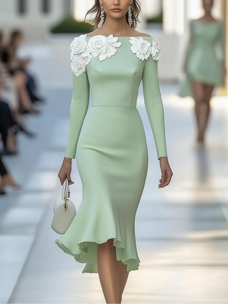 Elegant Floral Embroidery Off The Shoulder Midi Party Dress, Green, Midi Dresses