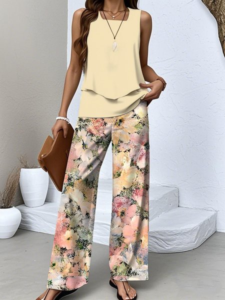 

Women Floral Two-Piece Set Daily Sleeveless Casual Summer Top With Pants Matching Set, Yellow, Sets