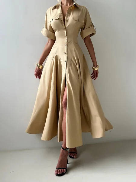 

Urban Plain Cotton Buttoned Shirt Collar Maxi Dress, Khaki, Maxi Dresses