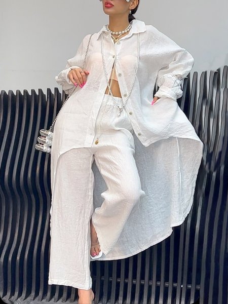 

Linen Blend Casual Plain Lace Shirt Collar Shirt, White, Blouses and Shirts