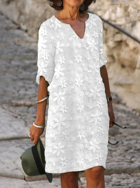 

Women Floral V Neck Half Sleeve Comfy Casual Printing Mini Dress, White, Dresses