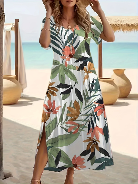 

Women Floral Short Sleeve Summer Printing Dress Crew Neck Daily Casual Maxi Fit & Flare Dress A-Line Dress, White-green, Casual Dresses