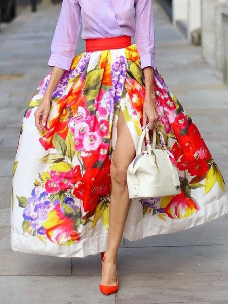 

Urban Printing Floral Maxi Skirt With Belt, As picture, Skirts