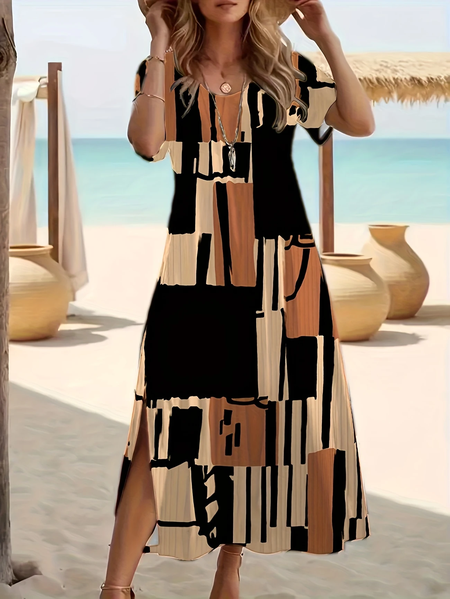 

Women Geometric Short Sleeve Summer Printing Dress Crew Neck Daily Casual Maxi Fit & Flare Dress A-Line Dress, As picture, Casual Dresses