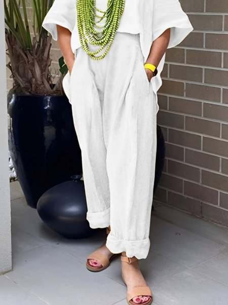 

Linen Blend Casual Plain Straight Pants, White, Pants