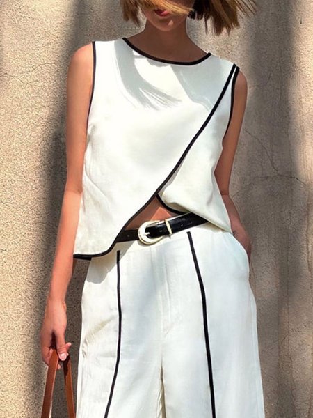 

Linen Blend Casual Color Block Slit Crew Neck Tank Top, White, Tanks and Camis
