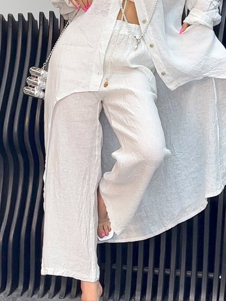 

Linen Blend Casual Plain Wide Leg Pants, White, Pants
