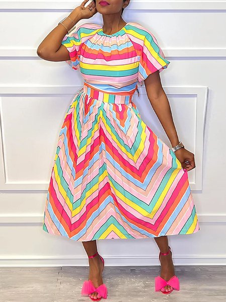 

Vacation Striped Raglan Sleeve Printing Crew Neck Midi Dress, Pink, Midi Dresses