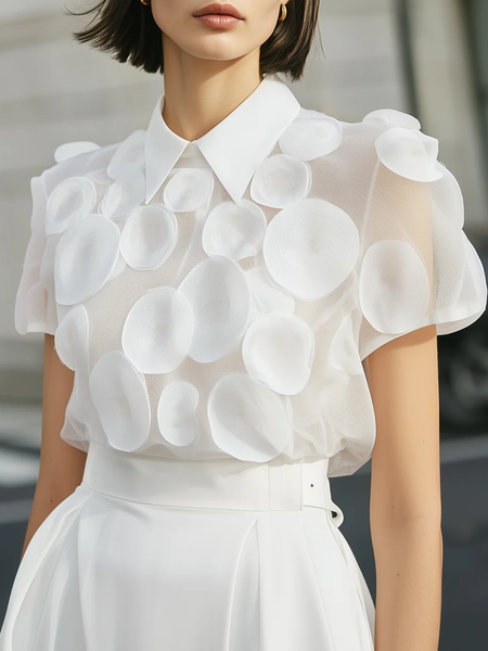 

Elegant Plain Embellished Shawl Collar Shirt, White, Blouses and Shirts