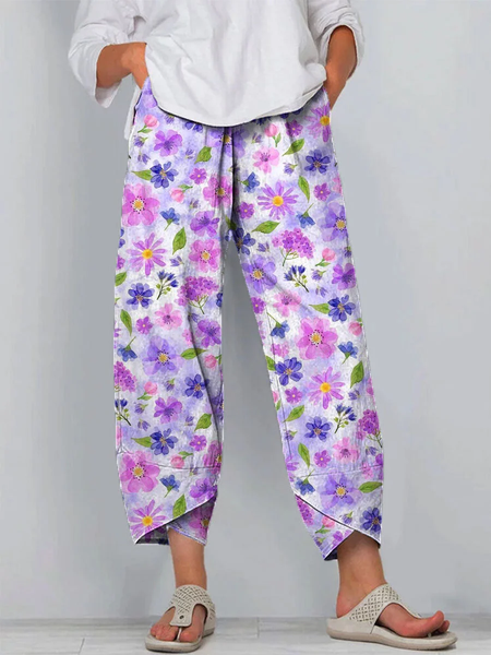 

Women Floral Capris Pants Casual Summer Trousers, Purple, Pants