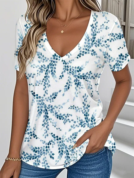 

Casual Botanical Pattern V Neck Short Sleeve T-shirt, Blue, T-shirts