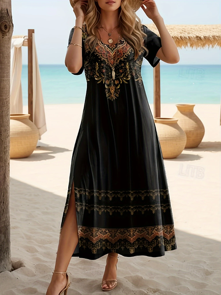 

Women Floral Short Sleeve Summer Printing Dress Crew Neck Daily Casual Maxi Fit & Flare Dress A-Line Dress, Black, Casual Dresses