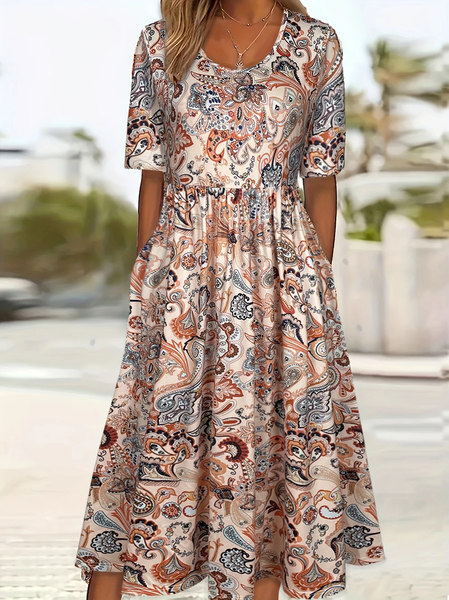 

Women Floral Short Sleeve Summer Printing Dress Crew Neck Daily Casual Maxi Shift Dress H-Line Dress, As picture, Casual Dresses
