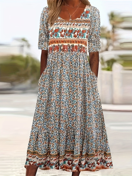 

Women Floral Short Sleeve Summer Printing Dress Crew Neck Daily Casual Maxi Shift Dress H-Line Dress, As picture, Casual Dresses