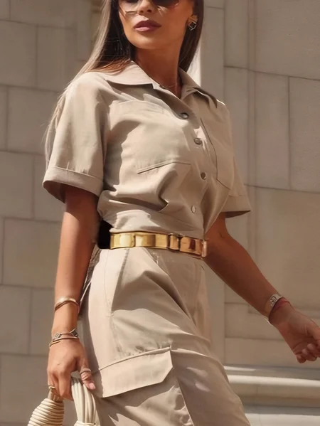 

Cotton Casual Plain Pockets Shirt, Khaki, Blouses and Shirts