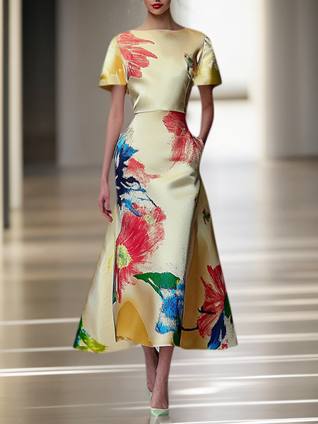 

Elegant Floral Printing Crew Neck Maxi Party Dress, As picture, Maxi Dresses
