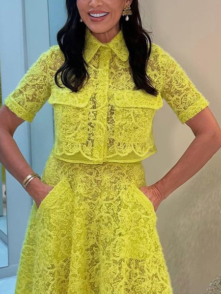 

Elegant Plain Lace Shirt Collar Pockets Shirt, Yellow, Blouses and Shirts