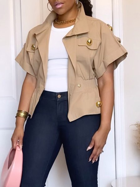 

Urban Raglan Sleeves Buttoned Plain Shawl Collar Jacket, Khaki, Jackets