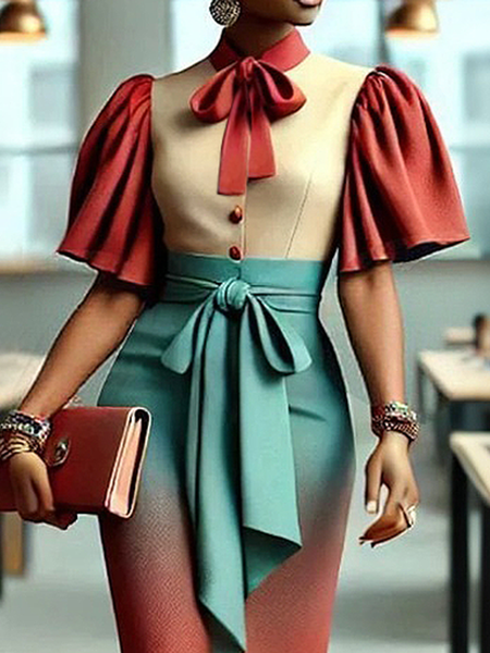 Elegant Color Block Split Joint Stand Collar Puff Sleeve Shirt, As picture, Blouses and Shirts
