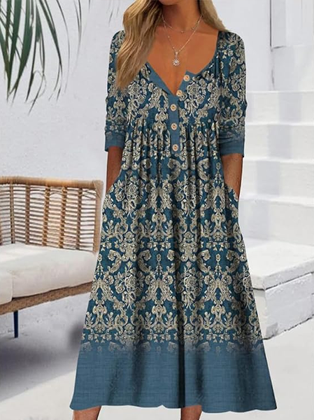 

Women Floral Half Sleeve Summer Printing Dress Half Open Collar Daily Casual Maxi A-Line Dress, Blue, Casual Dresses