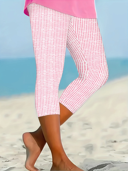 

Women Striped Capris Elastic Waist Pants Casual Summer Trousers, Pink, Leggings