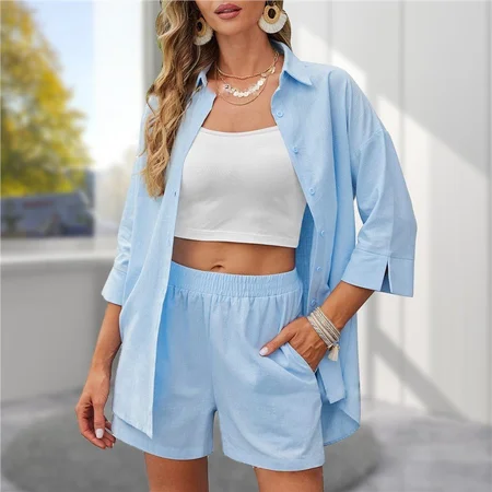 

Women's Plain Daily Going Out Two-Piece Set Army Green Casual Spring/Fall Top With Pants Matching Set, Sky blue, Suits