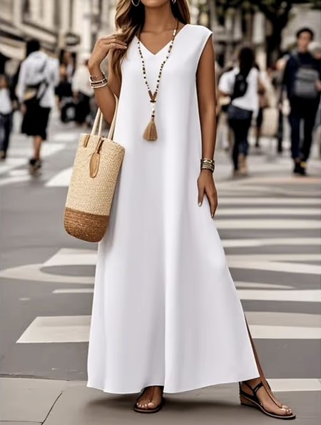

Women Plain V Neck Sleeveless Comfy Casual Maxi Dress, White, Maxi