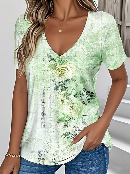 

Vintage Floral V Neck Short Sleeve T-shirt, Green, T-shirts