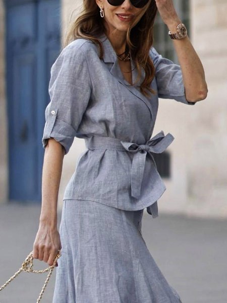 

Linen Blend Urban Plain Lapel Collar Shirt With Belt, Gray, Blouses and Shirts
