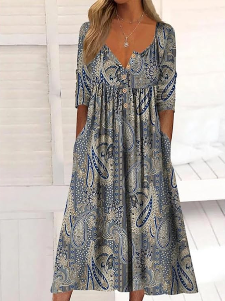 

Women Paisley Half Sleeve Summer Printing Dress Half Open Collar Daily Casual Maxi A-Line Dress, Blue, Casual Dresses