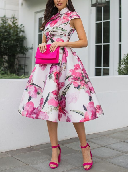 

Elegant Floral Printing Stand Collar Midi Dress, Pink, Midi Dresses