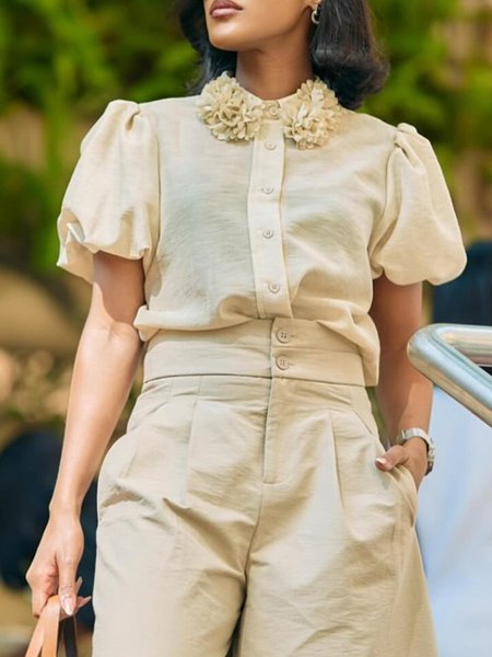

Urban Plain 3D Floral Shirt Collar Puff Sleeve Shirt, Beige, Blouses and Shirts