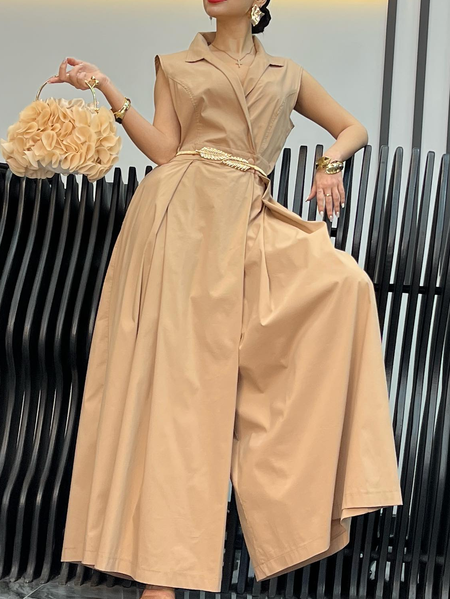 

Casual Plain Shawl Collar Tank Jumpsuit No Belt, Khaki, Jumpsuits