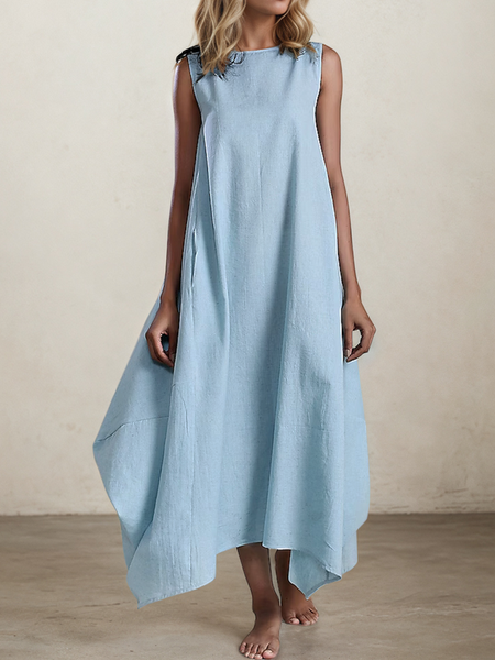

Casual Plain linen-cotton Crew Neck Maxi Dress, Blue, Maxi Dresses