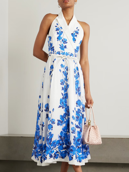 

Elegant Floral Printing Midi Dress With Belt, Blue, Midi Dresses