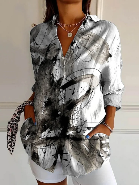 

Women Abstract Long Sleeve Shirt Spring/Fall Buckle Shirt Collar Daily Casual Top, Black, Shirts
