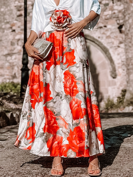 

Vacation Printing Floral Maxi Skirt, Red, Skirts