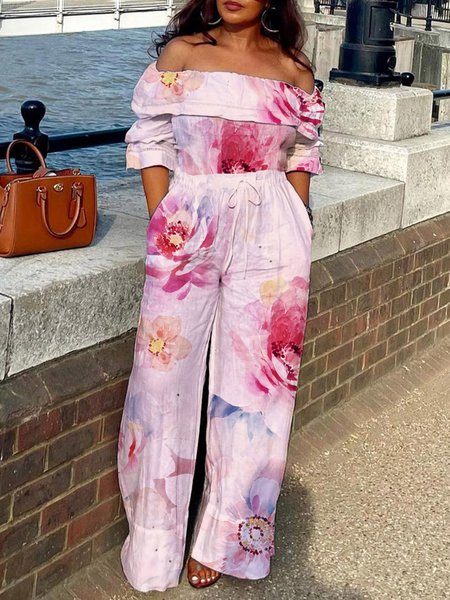 

Vacation Printing Floral Cold Shoulder Jumpsuit, Pink, Jumpsuits