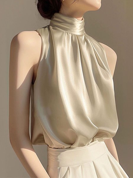 

Elegant Plain Stand Collar Tank Top, Champagne, Tanks and Camis