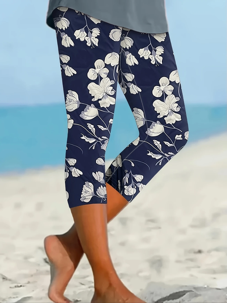 

Women Floral Capris Elastic Waist Pants Casual Summer Trousers, Purplish blue, Leggings