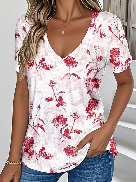 

Casual Floral V Neck Short Sleeve T-shirt, Red, T-shirts