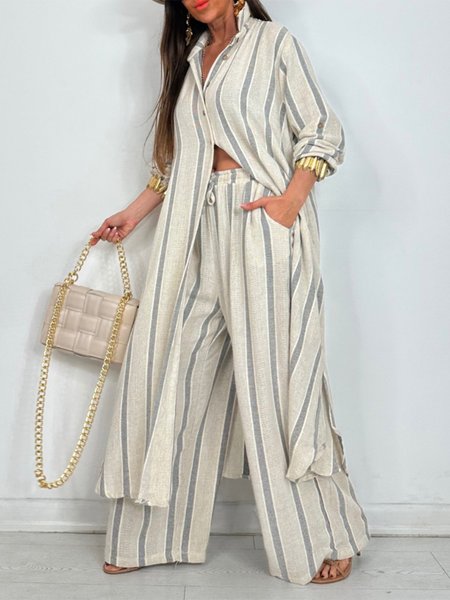 

Casual Striped Shirt Collar Two-Piece Set, As picture, Suits