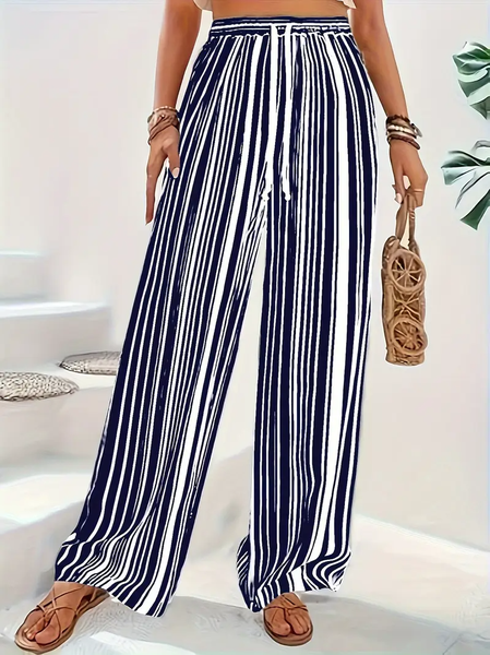 

Loose Striped Simple Pants, Blue, Pants