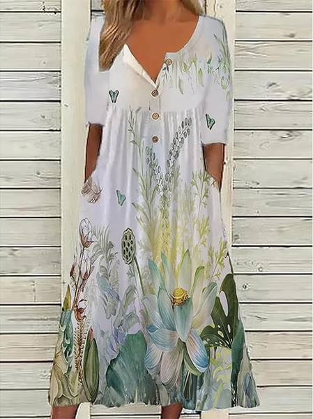 

Women Floral Half Sleeve Summer Printing Dress Half Open Collar Daily Casual Maxi A-Line Dress, White, Casual Dresses
