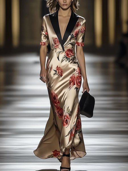 

Satin Elegant Floral Printing Lapel Collar Maxi Dress, As picture, Maxi Dresses