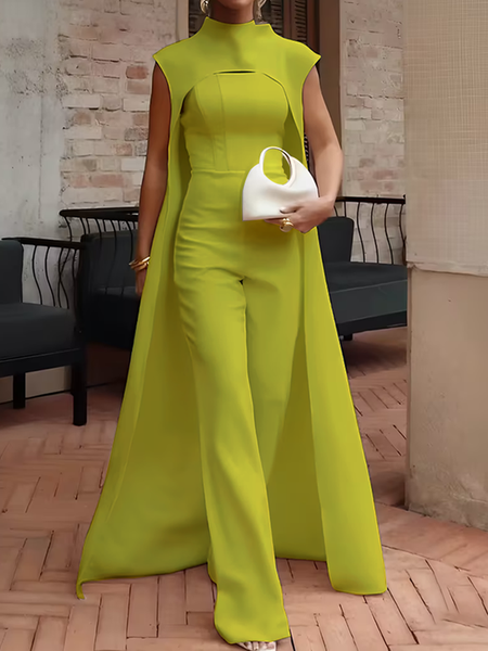 Elegant Tailored Jumpsuit & Cape Set – Wedding & Formal Occasion Outfit, Yellow, Two-piece Set