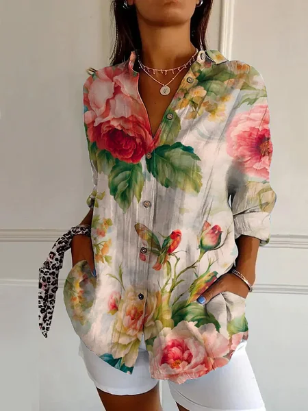 

Women Floral Long Sleeve Shirt Spring/Fall Buckle Shirt Collar Daily Casual Top, As picture, Shirts