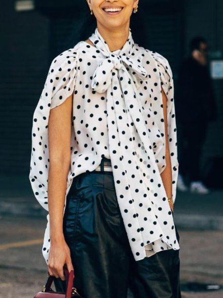 

Urban Polka Dots Crew Neck Blouse With Tie, White, Blouses and Shirts